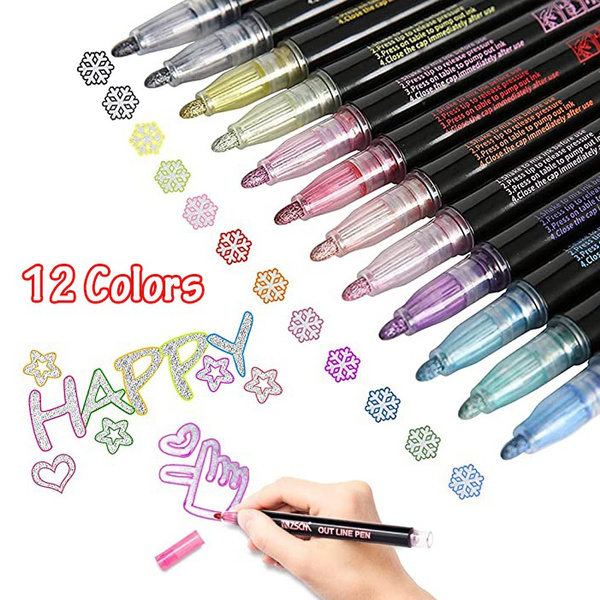 Double Line Outline Pens 12 Colors Outline Metallic Markers