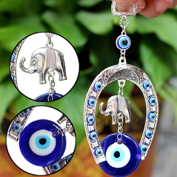 Stylish Turkish Blue Evil Eye Horseshoe With Elephant And Ribbon Wall Hanging Pendant Amulet Ethnic Lucky Gift For Home Car Decorations Wish - Horseshoe Decorations For Home