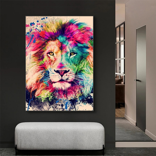 Painted colorful lion animal canvas
