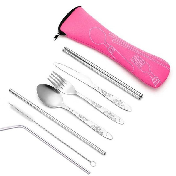 7Pcs Portable Lunch Tableware Cutlery Set Stainless Steel Spoon