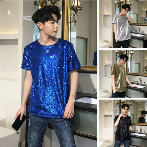 Mens Glitter Sequin T-shirt Stage Performance Shiny Top Hip Hop