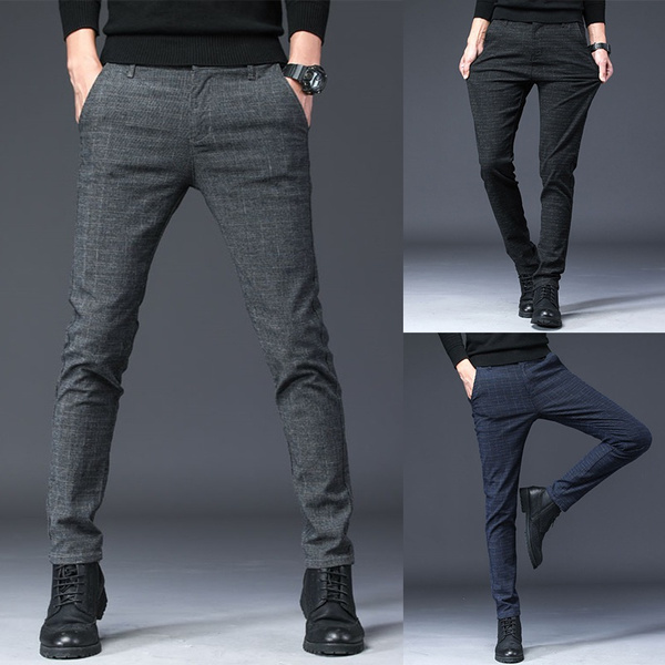Men's Casual Dress Pants Plaid Mid-waist Office Trousers Solid Color ...