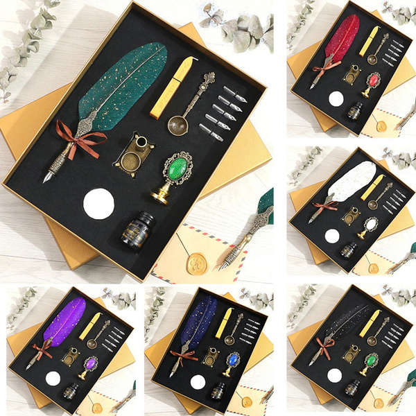 Fountain Pen Set Antique Feather Quill Pen Set Dip Calligraphy Writing ...