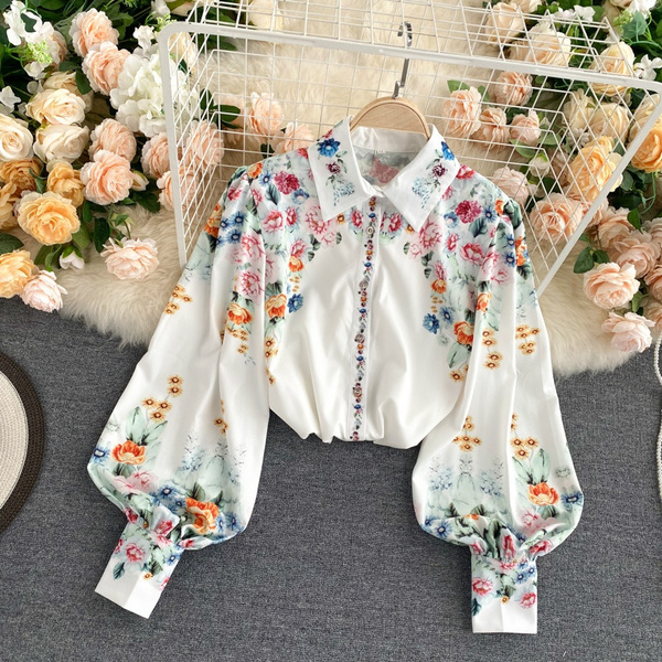 Floral Blouse Puff Sleeve Button Shirt 