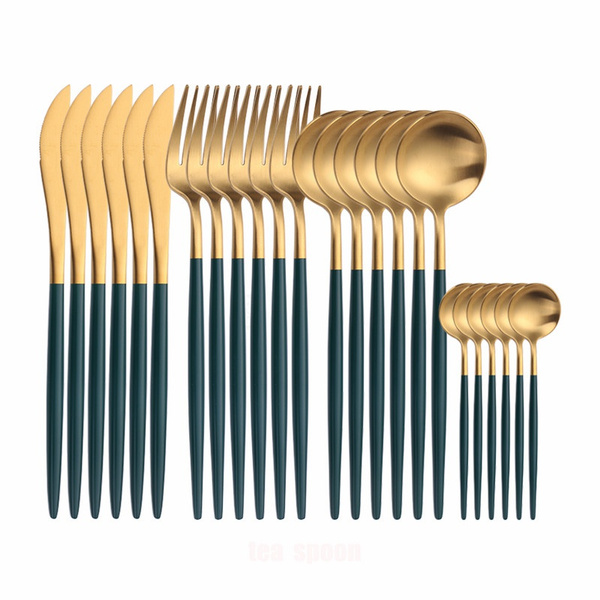 High Quality Stainless Steel Tableware Set Green with Gold Cutlery Set ...