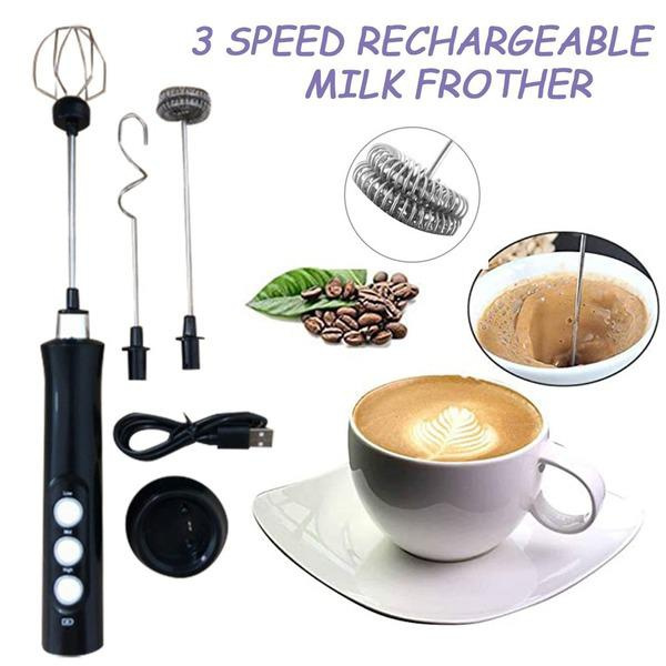 Electric Milk Frother Handheld USB Rechargeable 3 Speeds Drink Mixer Foam  Maker