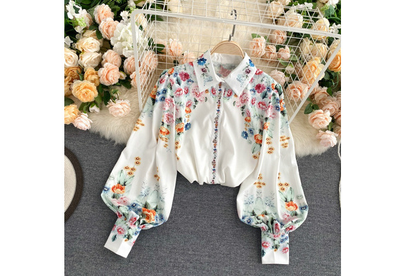 Lady Floral Blouse Shirt Top Puff Sleeve Button Retro Casual White Fashion