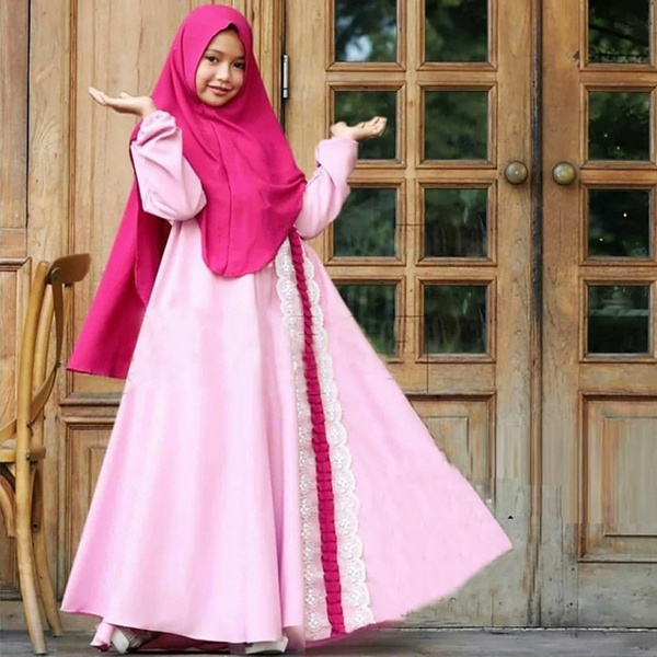 Abaya Muslim Kids Girls Jilbab Long Hijab Maxi Dress Islamic Prayer Clothing Set 