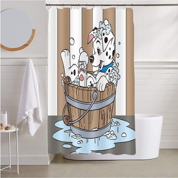 Dog Taking A Bath Shower Curtain Wooden, Large Wooden Shower Curtain Rings
