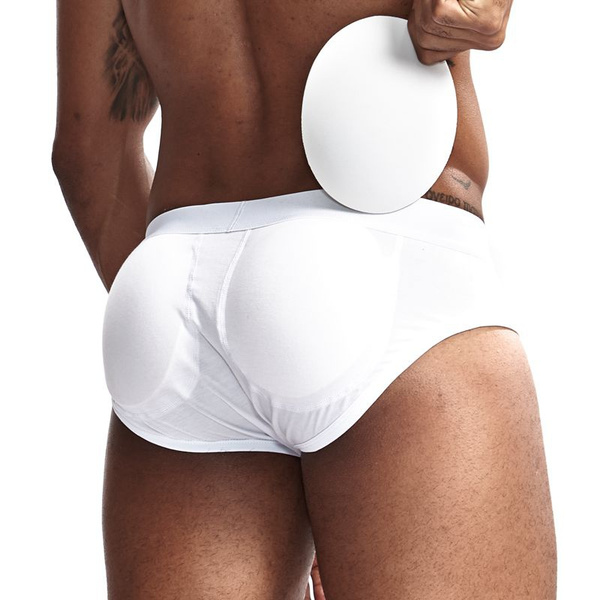 Men's Padded Boxer Brief Soft Cotton Hip-up Underwear Trunk Back Butt  Lifter Removable Pads Black White