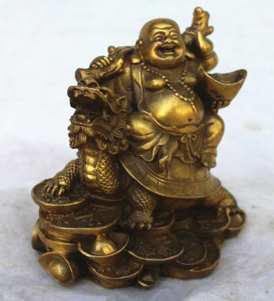 Chinese Copper Wealth Money Happy Laugh Maitreya Buddha On Dragon ...