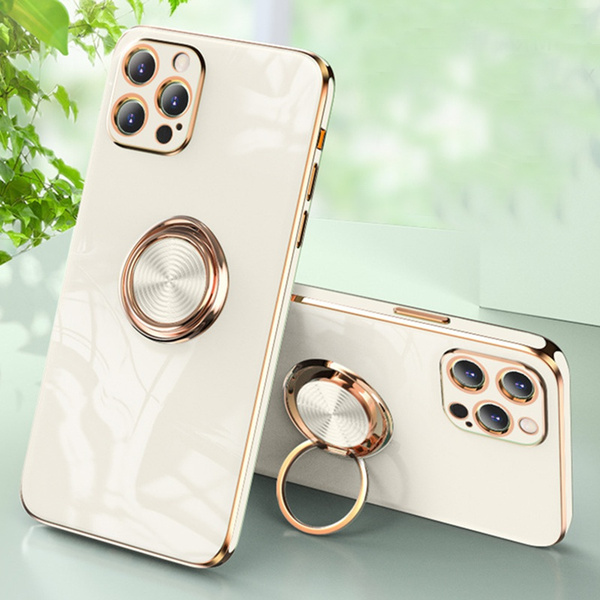 Plating Silicone with Finger Ring Phone Case for Iphone 11 12 Pro Max 12 Mini Xs Max X Xr 8 7 Plus Solid Color Metal Ring Holder Soft Phone Cover