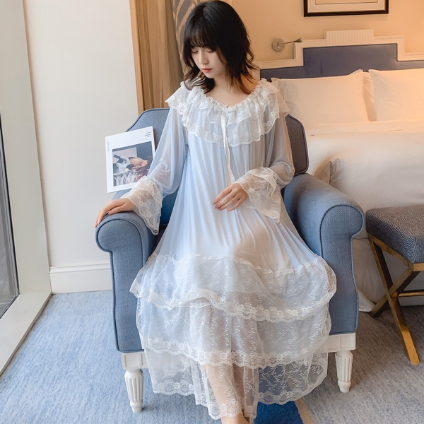 Women Girls Lolita Nightgown Lace Trimming Pajamas Vintage Long Sleeve  Nightdress Princess Sleepwear Victorian