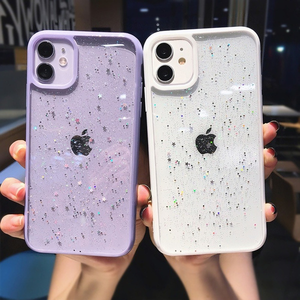 Glitter Star Sequins Cute Soft Frame Bling Clear Phone Case For Iphone 11 Pro Max X Xr 7 8 Plus Xs Max For Iphone 12 Pro Max Case Shockproof Transparent Cover For