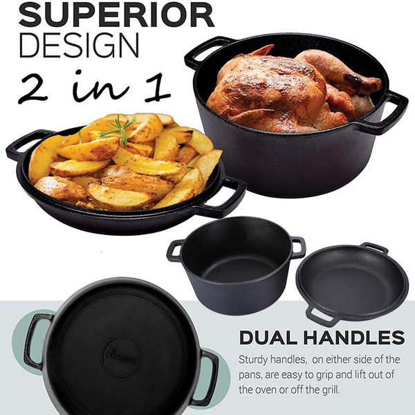 2 In 1 Cast Iron Non-Stick Double Dutch Oven Set And Domed 10 Inch Skillet  Lid Open Fire Camping Dutch Oven 5-Quart