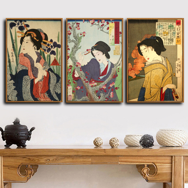 Set 3 Prints Japanese Ukiyoe Kimono Lady Beauty Painting Silk Canvas ...