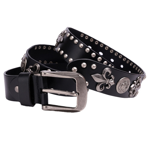 Metal Rivet Cowboy Belt Genuine Leather Cowskin Men Belt Punk Rivet ...