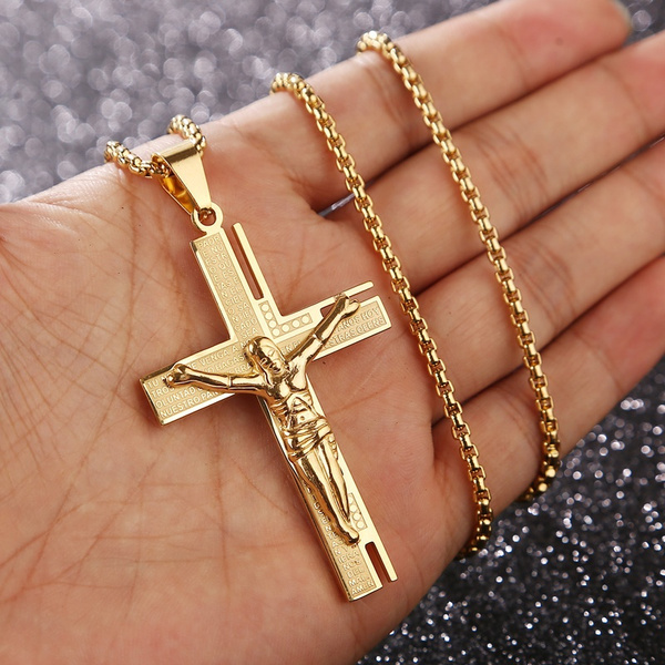 Mens gold deals necklace with crucifix