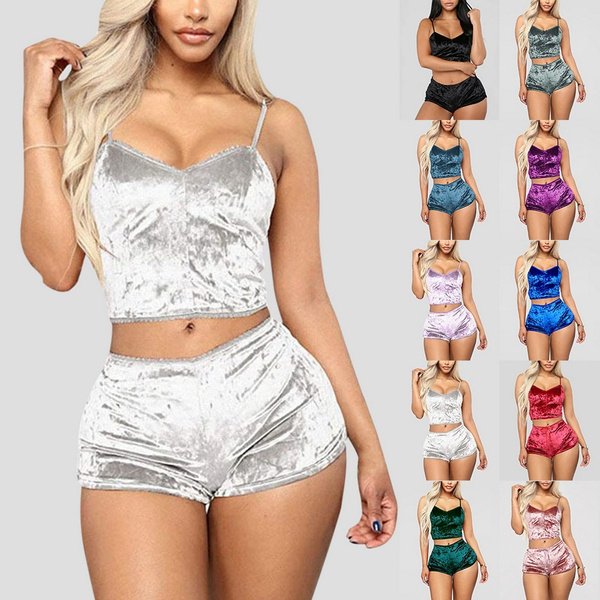 Women's Sexy Velvet 2 Piece Outfit Spaghetti Strap Sleeveless Crop Top+ Shorts  Set | Wish