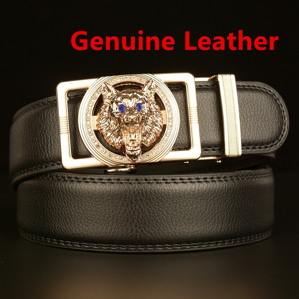 Fashion Wolf Head Diamond Genuine Leather Belt Automatic Buckle Belt Men's  Cowhide Business Belt Casual Men's Personality Belt