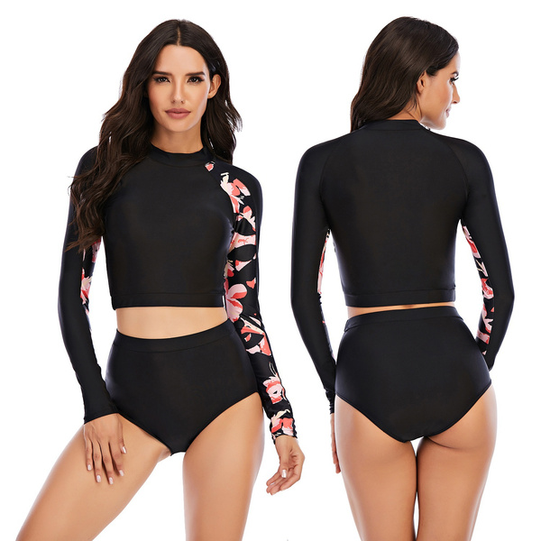 Women's Two Piece Half Body Long Sleeve Rash Guard Wetsuit Swimsuit UV