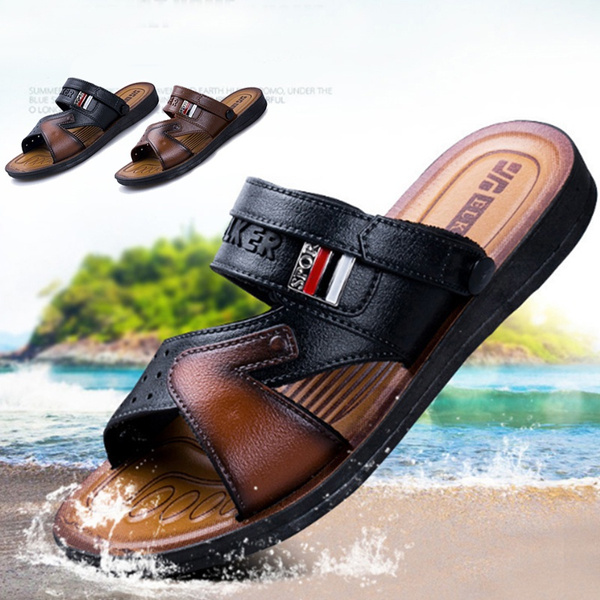 Mens Genuine Leather Beach Sandals Summer Beach Slippers Leather