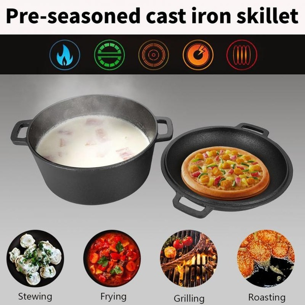 2 In 1 Seasoned Cast Iron Double Dutch Oven Combo Cooker Wish