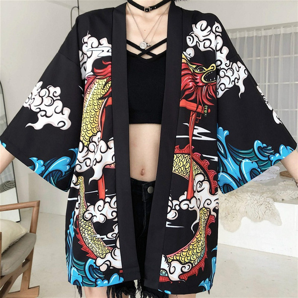 Women Japanese Kimono Cardigan Dragon Print Harajuku Coat Yukata Bathrobe  Jacket Tops