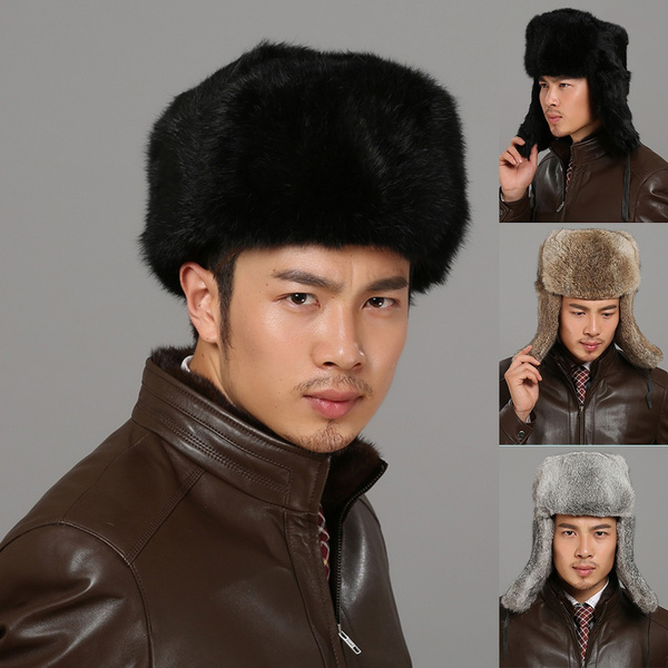 Mens Rabbit Fur Russian Cossack Hat Trapper Hats Ushanka Aviator