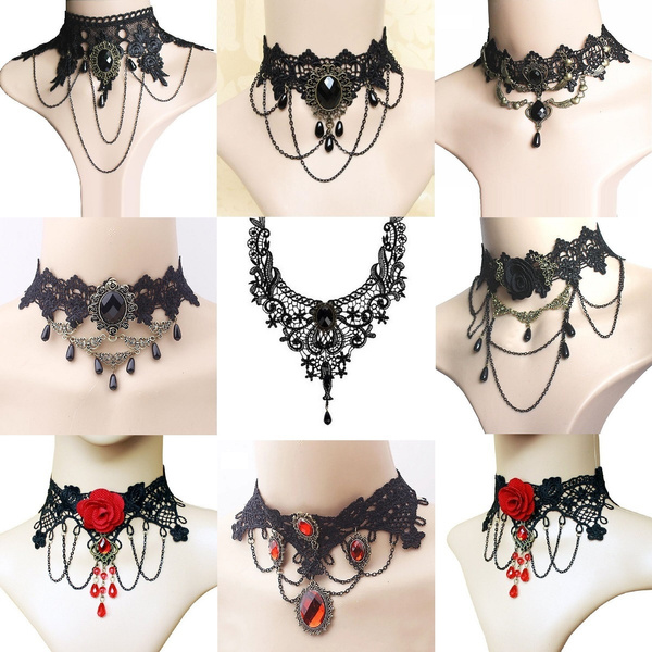 Black Lace Necklace Chokers Vintage Style Female Gothic Wedding Red Rose Crystal  Diamond Pendant Collarbone Necklaces Chain Accessories for Women Girls