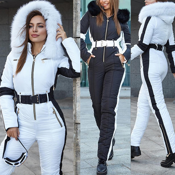 New Women Fashion Ski Jumpsuit White with Black Insert Ski Overall Bright Ski Winter Suit Snowboarding Suit Winter Hooded Faux Jacket Winter Warm Pants Winter Suit Plus Size S-5XL | Wish
