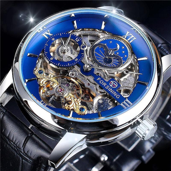 FORSINING Automatic Skeleton Watch Dual Time Zone Blue Forsining Waterproof Genuine Leather Strap Moon Phase Mechanical Watch Tourbillon Watch Montre