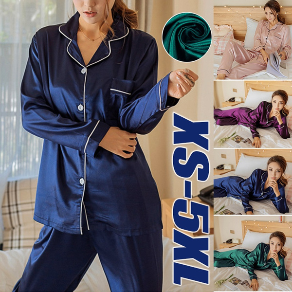 New Womens Silk Satin Pajamas Pyjamas Set Long Sleeve Sleepwear Pijama ...