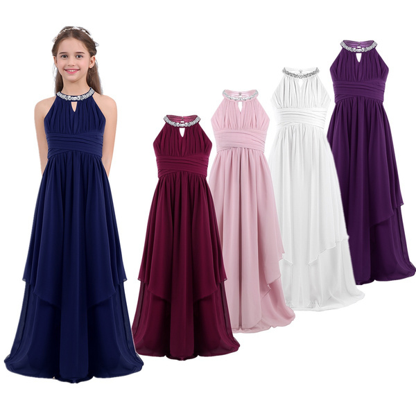 Girls Sequins High Neck Ruched Bust A Line Chiffon Maxi Dress Junior ...