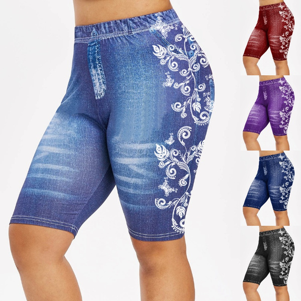 2021 Summer NEW Women's Fashion 3D Floral Print Denim Leggings High Waist  Casual Plus Size Jeggings Shorts 5 Color Elastic Band Leggings