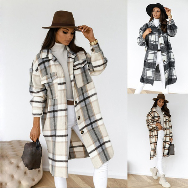 Women's autumn and winter long-sleeved loose wool plaid shirt coat
