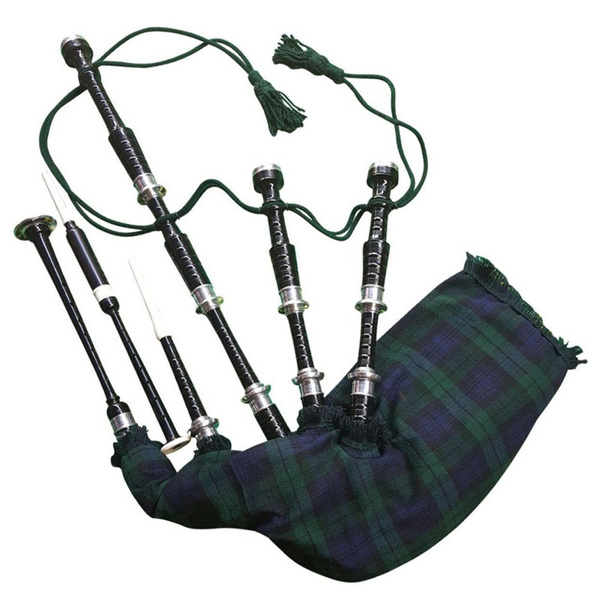 SCOTTISH GREAT HIGHLAND BLACK WATCH TARTAN ROSEWOOD BAGPIPE SILVER