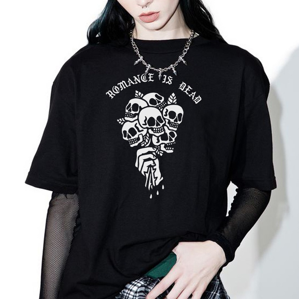 Romance Is Dead Skull Flower Print Goth T-Shirt Women's Edgy Fashion ...