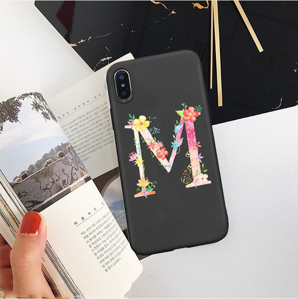 Fashion 26 Letters A-Z Phone Case for Iphone 12 Pro Iphone 11 Pro Iphone 8  8plus IPhone X XR XSMAX Iphone 6/6S Plus 7/7 Plus IPhone 11/11 Pro Case  Flower Letter M IPhone Cover Soft Black