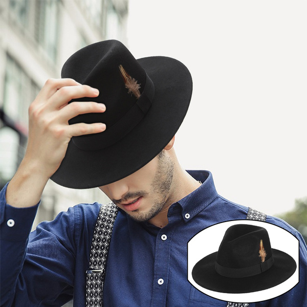 Men's British Fedora Pure Wool Feather Decoration Top Hat Wool Felt Hat ...