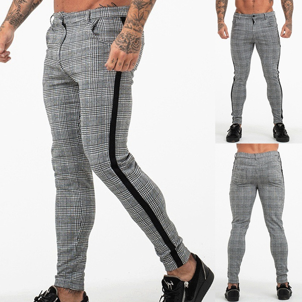 Fashion Men Skinny Tight Pants Casual Trousers Plaid Pants for Men