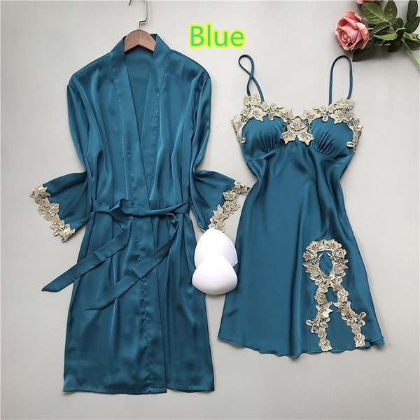 2PCS Nighty&Robe Set Sleepwear Women Satin Kimono Gown Nightgown Lace ...