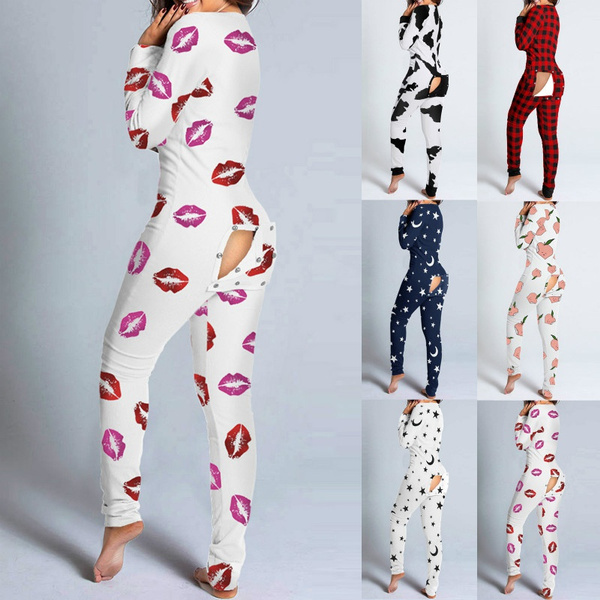 Sexy Women's Pajamas Onesies Women's Button-down Front Functional Buttoned  Flap Adults Jumpsuit V-neck Pajamas Femme Sleepwear