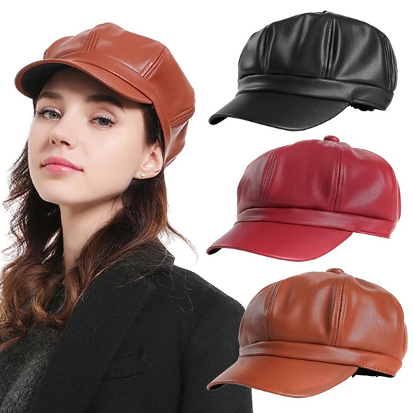 Solid Color PU Leather Octagonal Cap Ladies Retro Casual Cap Fashion ...