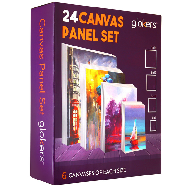 Glokers Paint Canvas Panels Set - 24 Primed Art Canvases for Painting - 11x14, 9x12, 8x10, 5x7 - White Cotton Blank Canvas Board