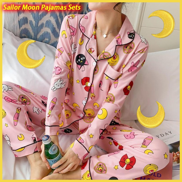 New Cute Anime Sailor Moon Print Pajamas Sets for Women Long Sleeve Cotton Sleepwear Pink Pijama Mujer Female Nightsuit