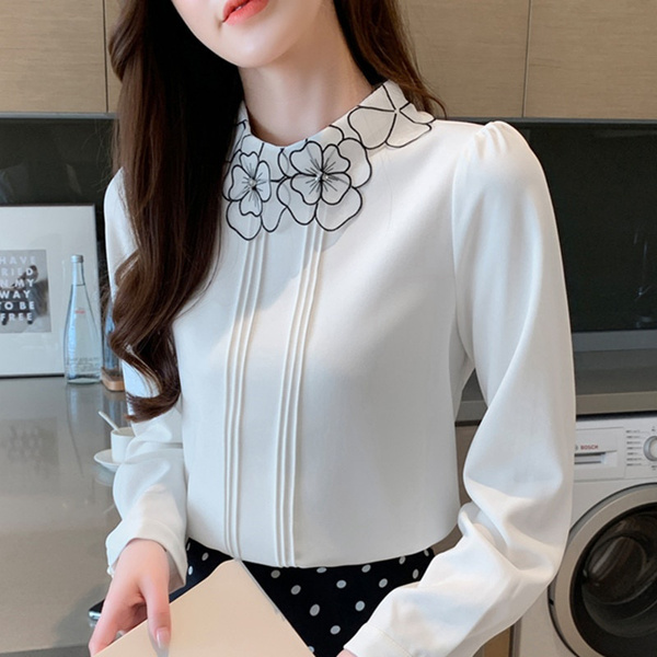 Office White Shirts Korean Fashion Chiffon Blouses for Women Elegant Woman Embroidered OL Floral Shirt Plus Size De Moda Blouse | Wish