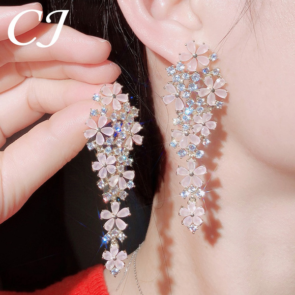 Pink Rose Quartz & Sapphire Long Dangle Silver Earrings - Abhika Jewels