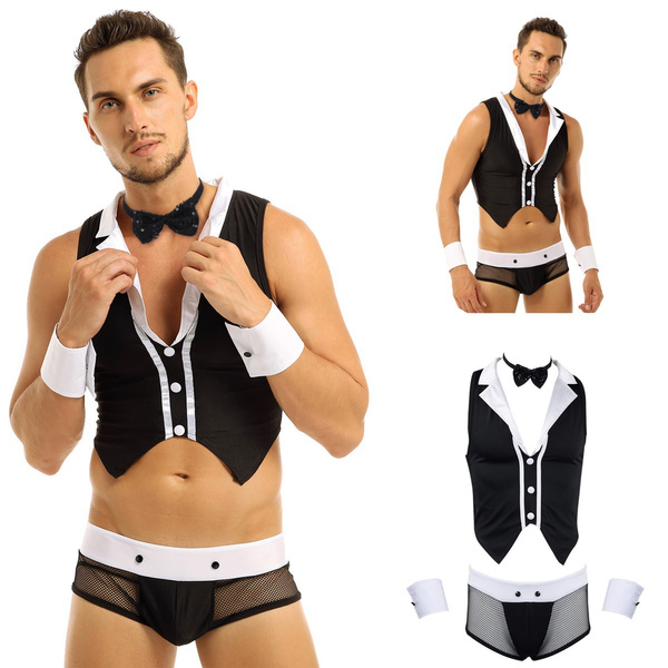 Men Male Sexy Maid Role Play Costume Cosplay Outfits Rave Uniform Tops  Boxer Briefs Underwear Lingerie Set