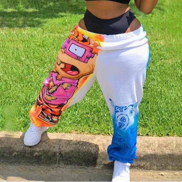 Women Trousers Patchwork Sports Pants Loose Wide-leg Casual